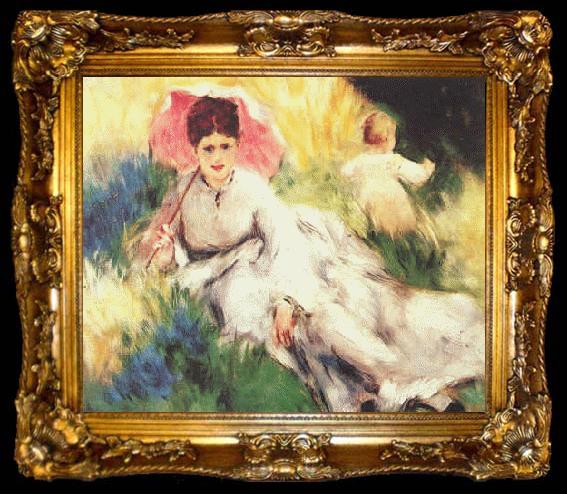 framed  Pierre Renoir Woman with a Parasol and a Small Child on a Sunlit Hillside, ta009-2